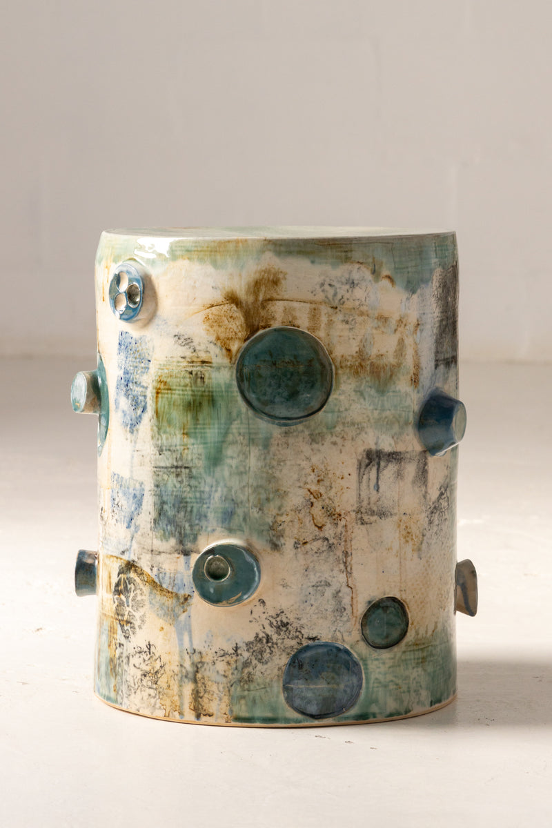 Aqua & Tan Sculptural Ceramic Side Table - KWADFS