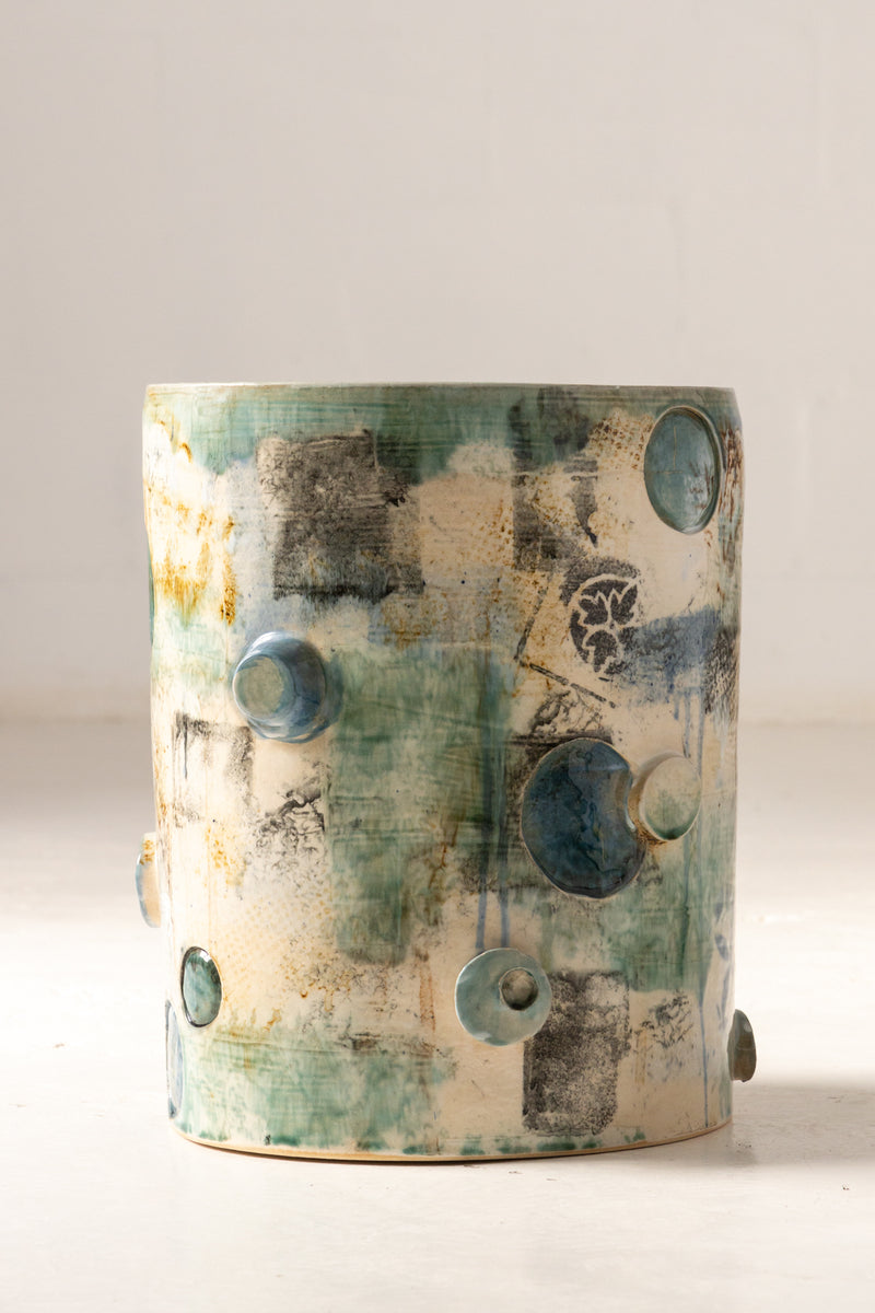 Aqua & Tan Sculptural Ceramic Side Table - KWADFS