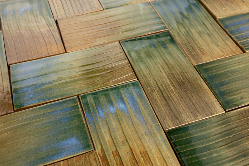 Green & Terracotta Rectangular Tiles Painted by Hand - LJBDJA-WS