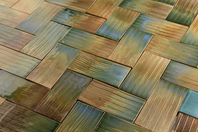 Green & Terracotta Rectangular Tiles Painted by Hand - LJBDJA-WS