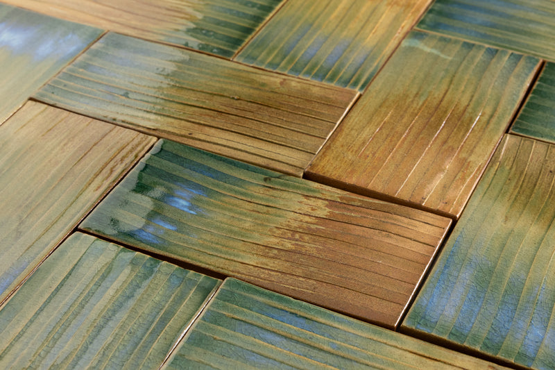 Green & Terracotta Rectangular Tiles Painted by Hand - LJBDJA-WS