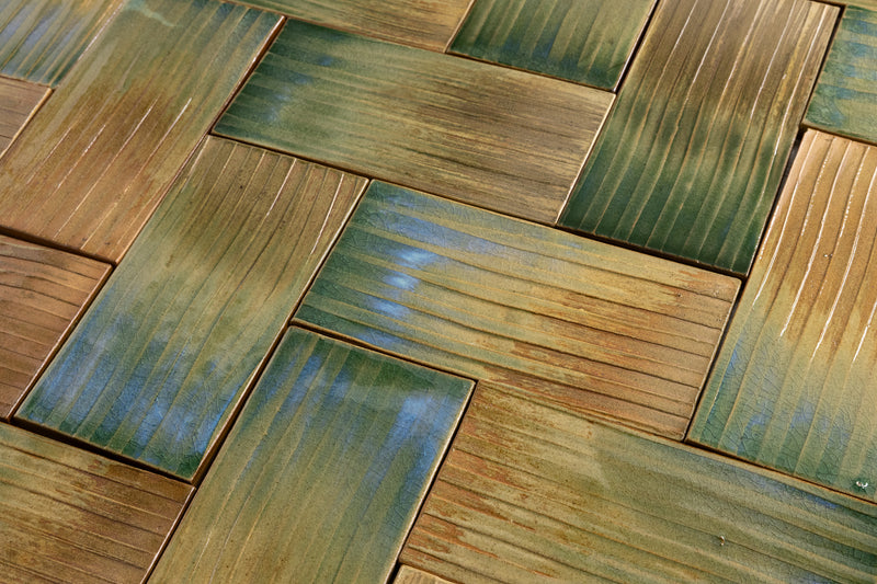 Green & Terracotta Rectangular Tiles Painted by Hand - LJBDJA-WS