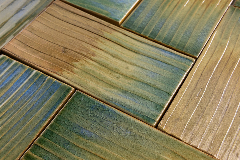 Green & Terracotta Rectangular Tiles Painted by Hand - LJBDJA-WS