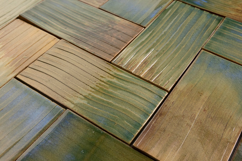 Green & Terracotta Rectangular Tiles Painted by Hand - LJBDJA-WS