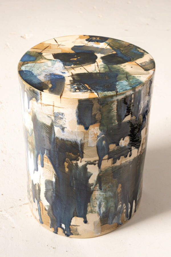 Navy Blue  & Green on Tan Ceramic Side Table - LRCNBQ