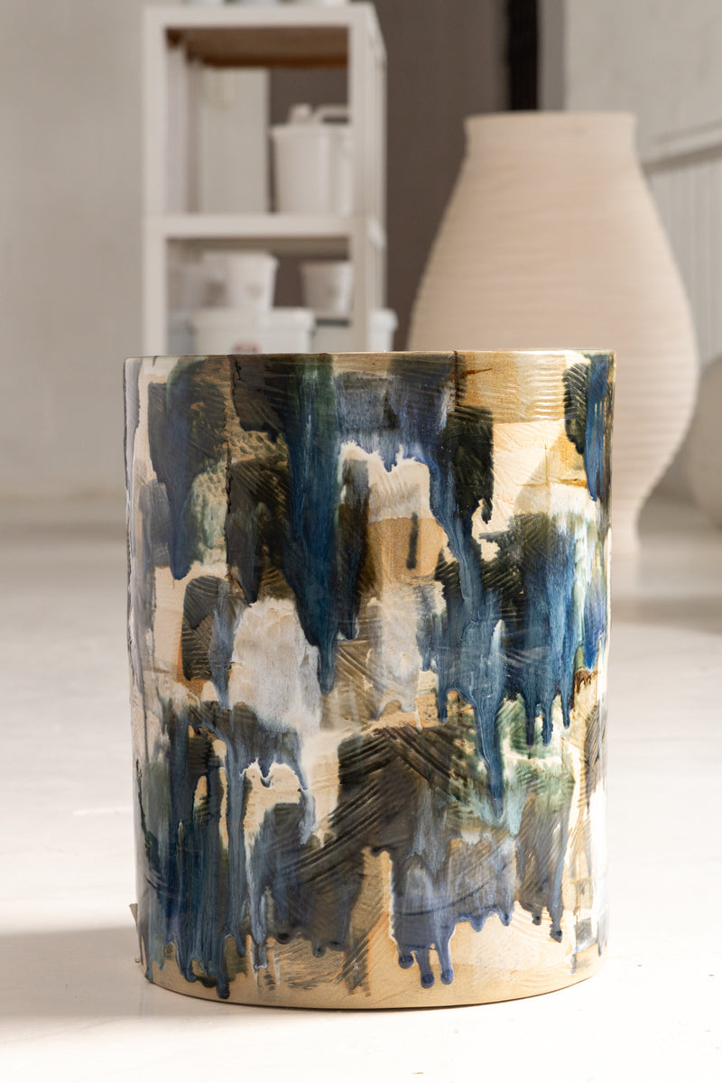 Navy Blue & Green on Tan Handcrafted Ceramic Side Table - LRCNBQ