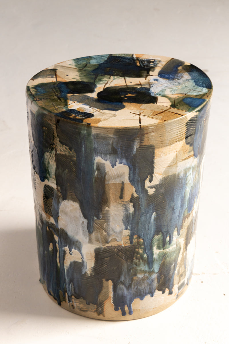Navy Blue & Green on Tan Handcrafted Ceramic Side Table - LRCNBQ