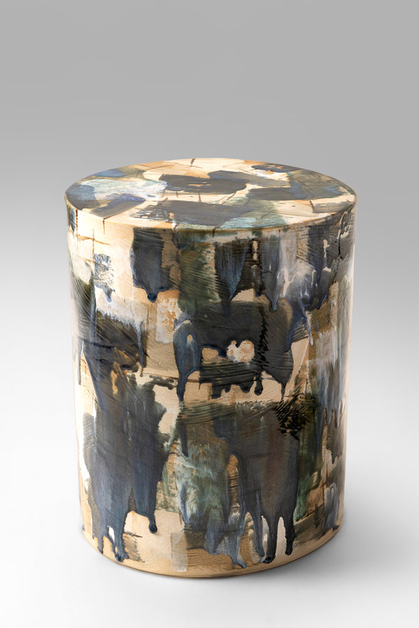 Navy Blue  & Green on Tan Ceramic Side Table - LRCNBQ