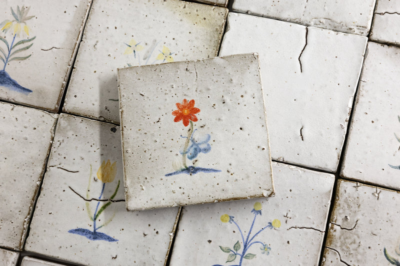 Hand Painted Flowers on Matt White Square Tile - MFJBBG-WS