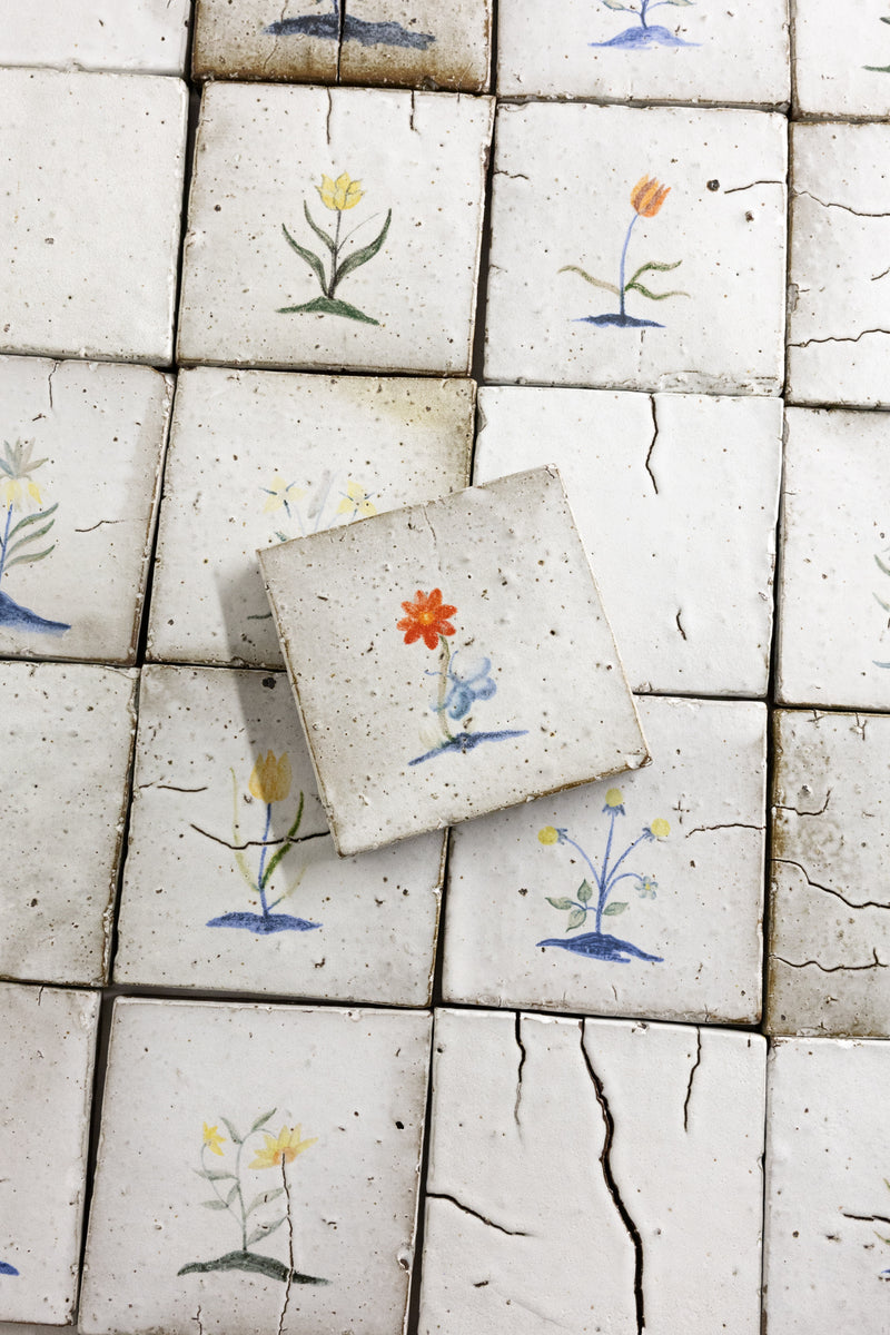 Hand Painted Flowers on Matt White Square Tile - MFJBBG-WS