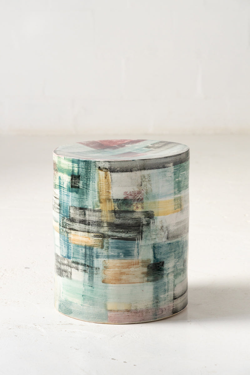 Teal, Yellow & Red Cubist Art Hand-Painted Ceramic Side Table  - MVDYUW