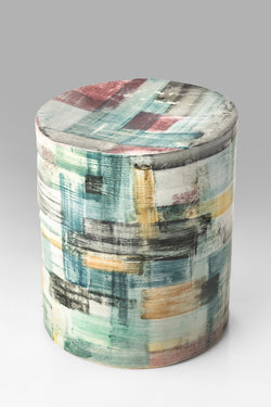 Teal, Yellow & Red Cubist Art Hand-Painted Ceramic Side Table  - MVDYUW