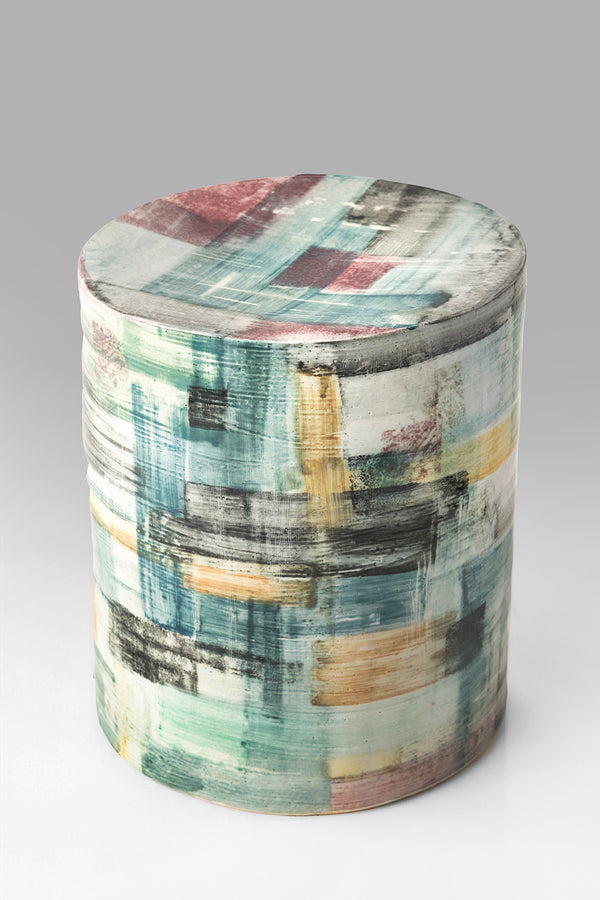 Hand-Painted Ceramic Side Table with Teal, Yellow & Red Cubist Art - MVDYUW