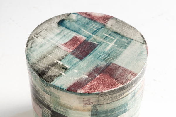 Hand-Painted Ceramic Side Table with Teal, Yellow & Red Cubist Art - MVDYUW