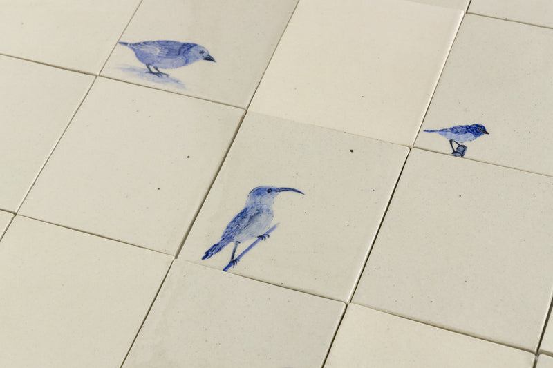 Blue and Cream Hand-Painted Square Delft Bird Tiles - NTWBNZ