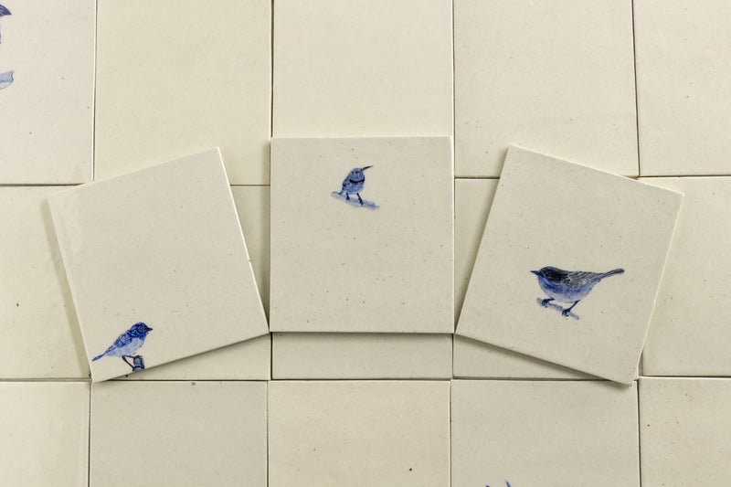 Blue and Cream Hand-Painted Square Delft Bird Tiles - NTWBNZ