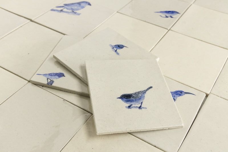 Blue and Cream Hand-Painted Square Delft Bird Tiles - NTWBNZ