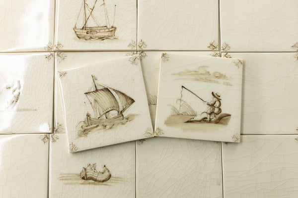 Classic Hand-Painted Ships Brown on Cream with enhanced crazing NYTNWQ