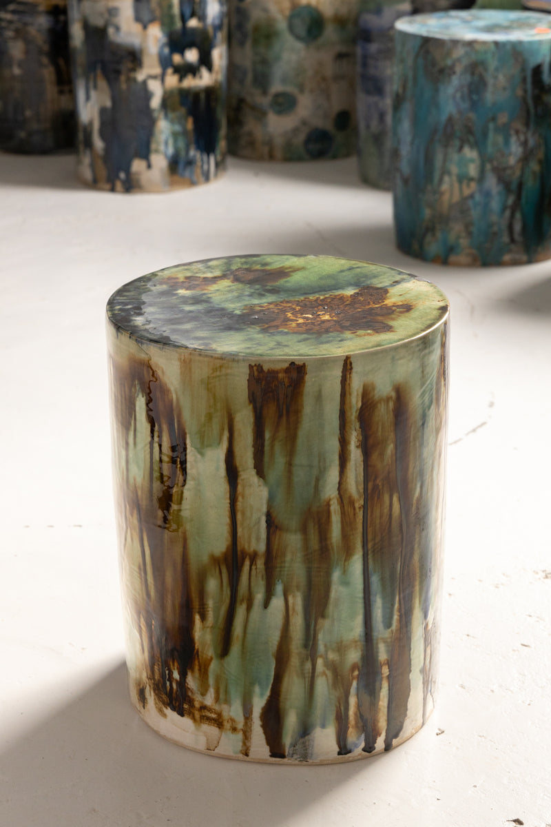 Green, Brown & Bronze Hand-Painted Ceramic Side Table  - PREZCR