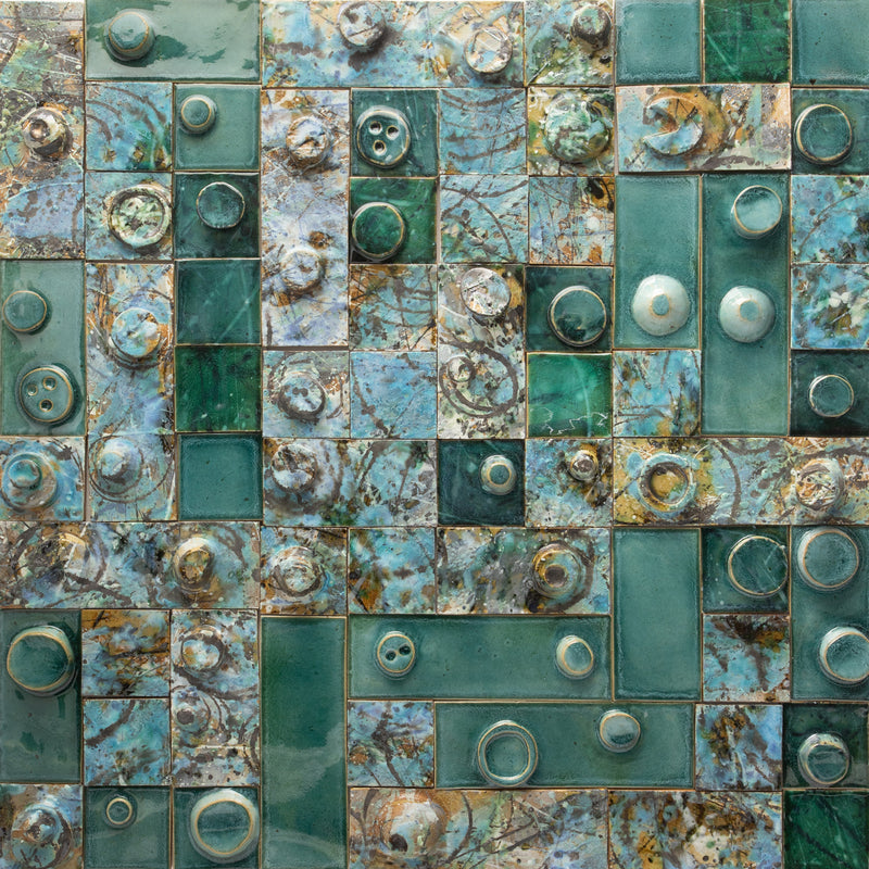 Abstract Art Hand-Sculpted Green & Aqua 3D Tiles QNSPXY-WS