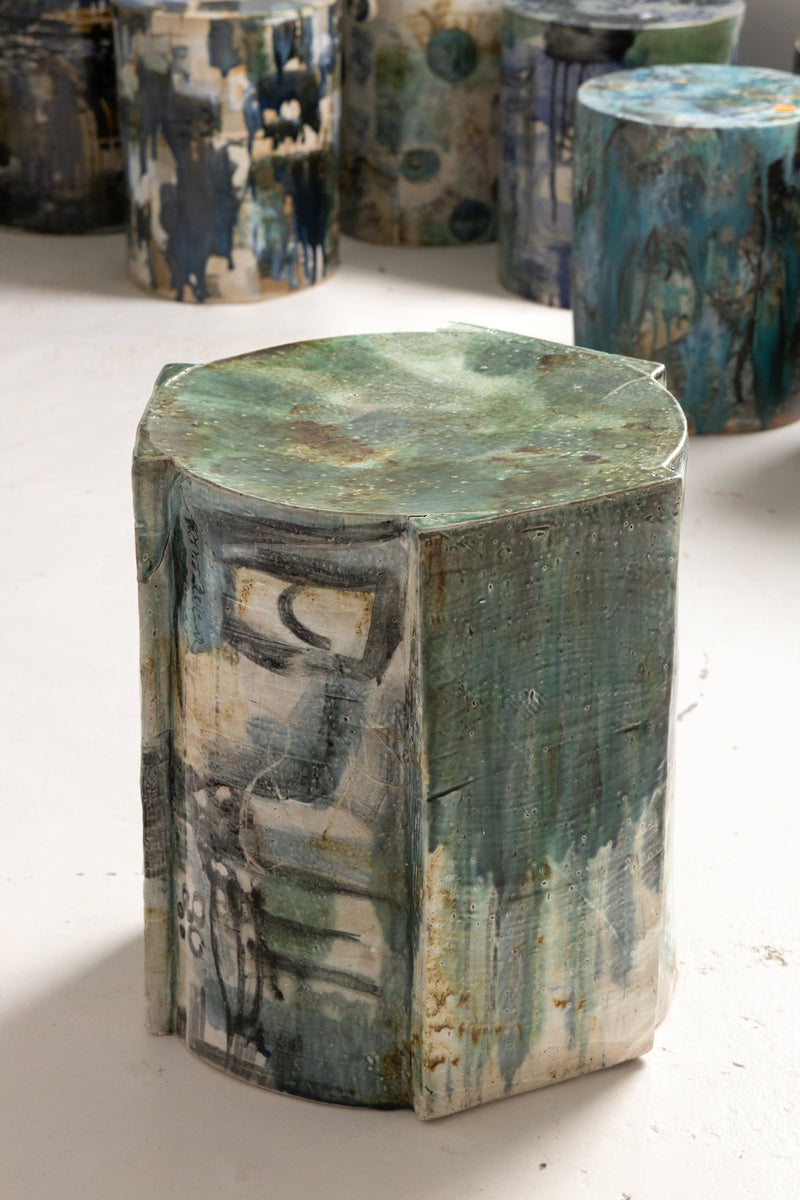 Blue, Green and Sepia Handcrafted Ceramic Side Table 480mm - SUJBMS