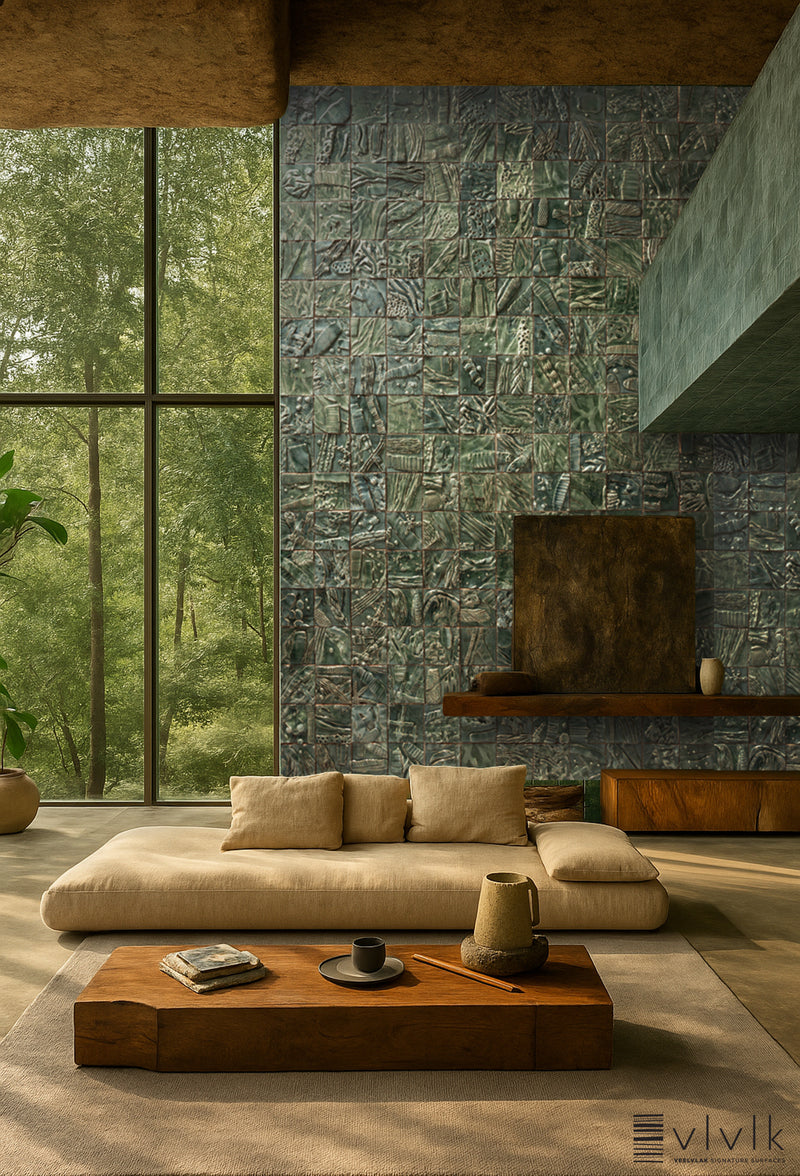 Hand-Sculpted Square Green Textured Ceramics Wall Tiles - DJHLEG_EX(EJCFFJ)