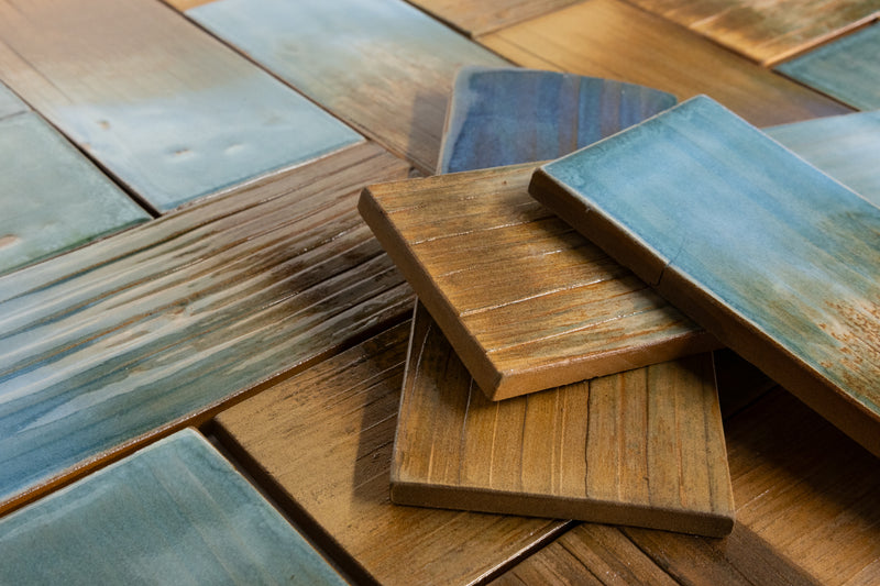 Aqua & Rich Terracotta Rectangular Tiles Painted by Hand - U8JVVY-WS