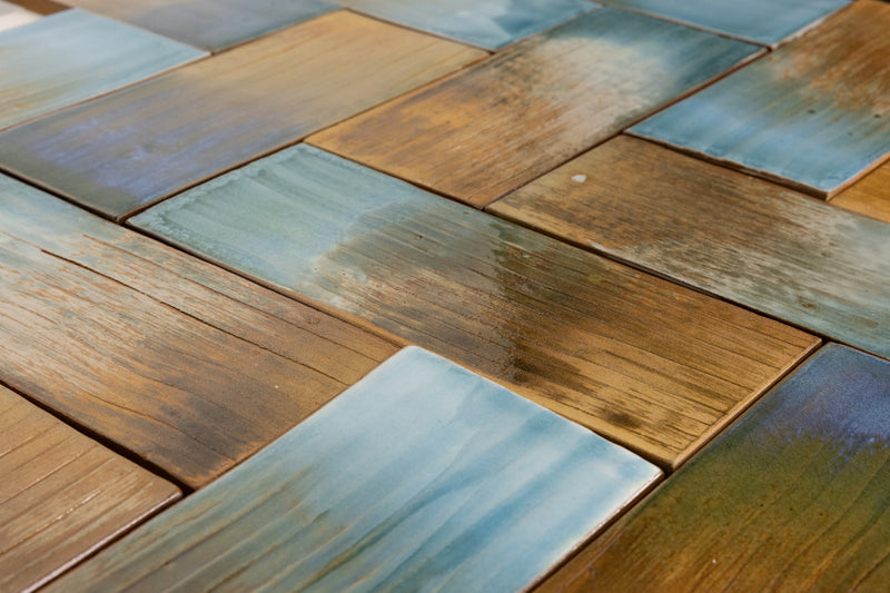 Aqua & Rich Terracotta Rectangular Tiles Painted by Hand - U8JVVY-WS