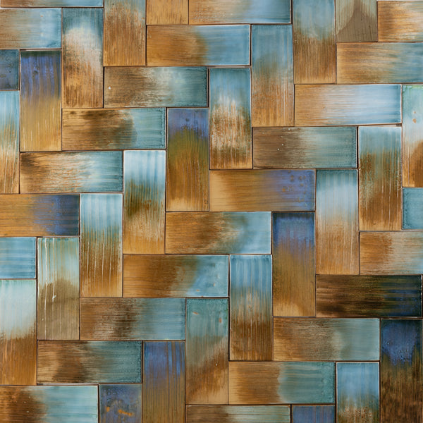 Aqua & Rich Terracotta Rectangular Tiles Painted by Hand - U8JVVY-WS
