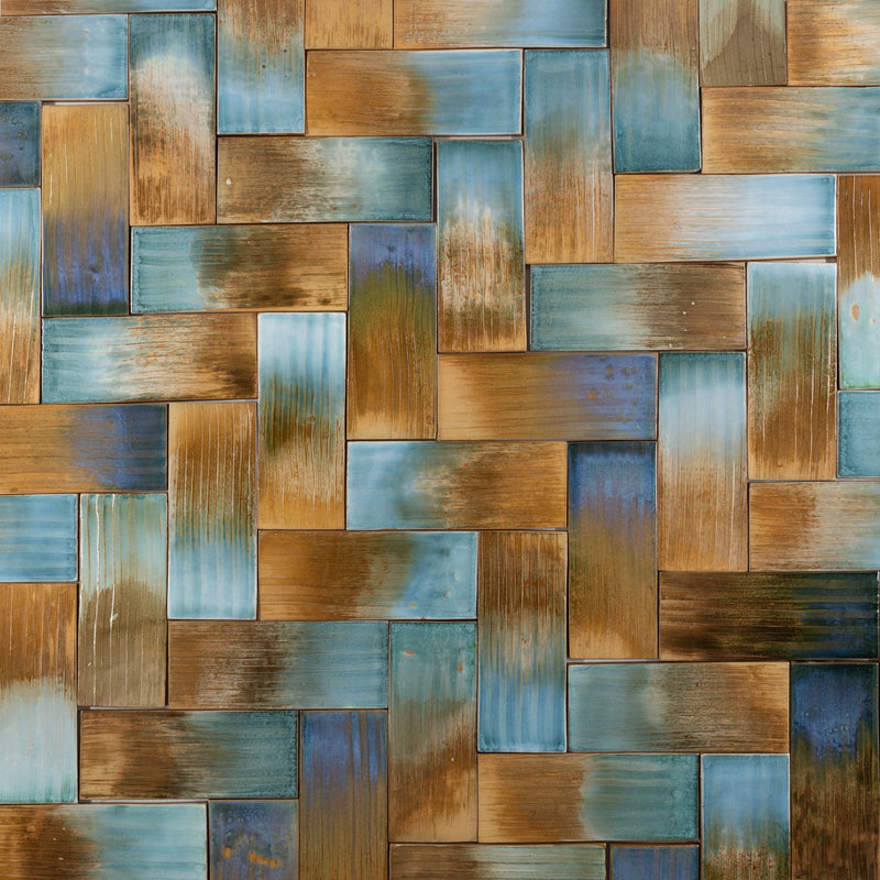 Aqua & Rich Terracotta Rectangular Tiles Painted by Hand - U8JVVY-WS