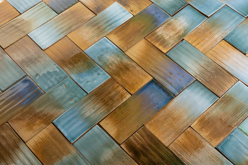 Aqua & Rich Terracotta Rectangular Tiles Painted by Hand - U8JVVY-WS