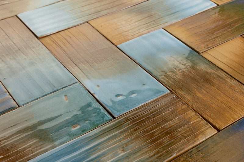 Aqua & Rich Terracotta Rectangular Tiles Painted by Hand - U8JVVY-WS