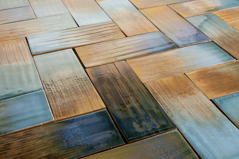 Aqua & Rich Terracotta Rectangular Tiles Painted by Hand - U8JVVY-WS