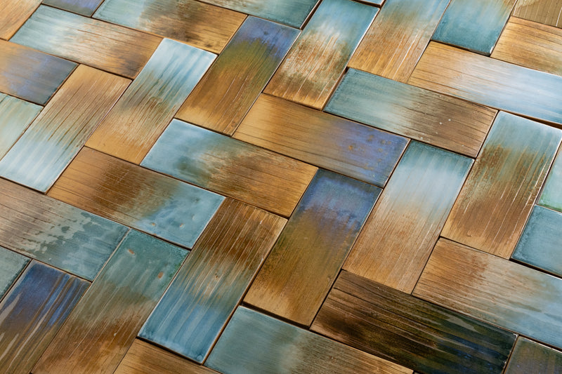 Aqua & Rich Terracotta Rectangular Tiles Painted by Hand - U8JVVY-WS