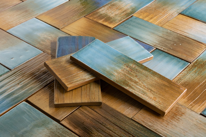 Aqua & Rich Terracotta Rectangular Tiles Painted by Hand - U8JVVY-WS