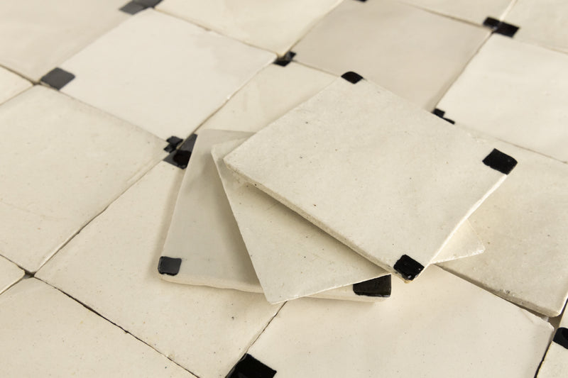 Cream Square Ceramic Tiles with Black Hand-Painted Corners - VBNQUZ-WS