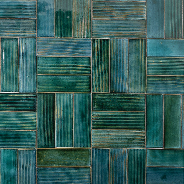 Hand-Painted Textured Green Tiles with Lines - VDFUQC