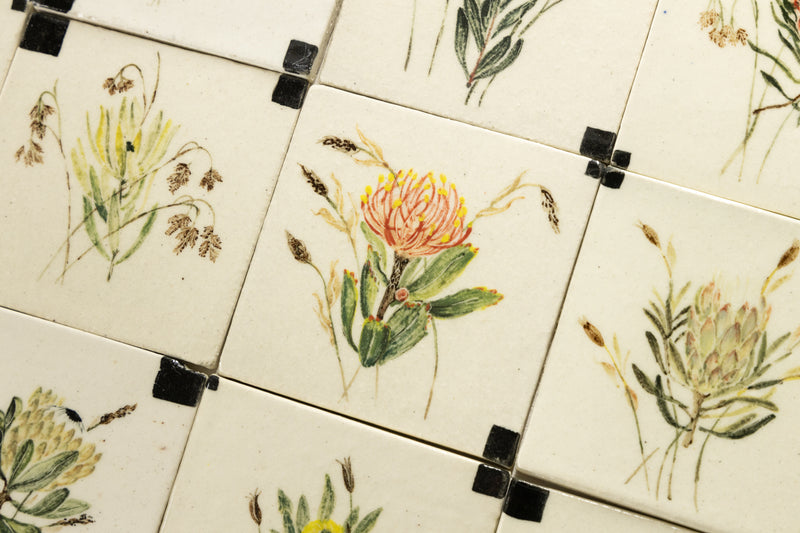 Elegant Hand-Painted Cape Fynbos Square Tiles - DHMHCB - Floral Fynbos