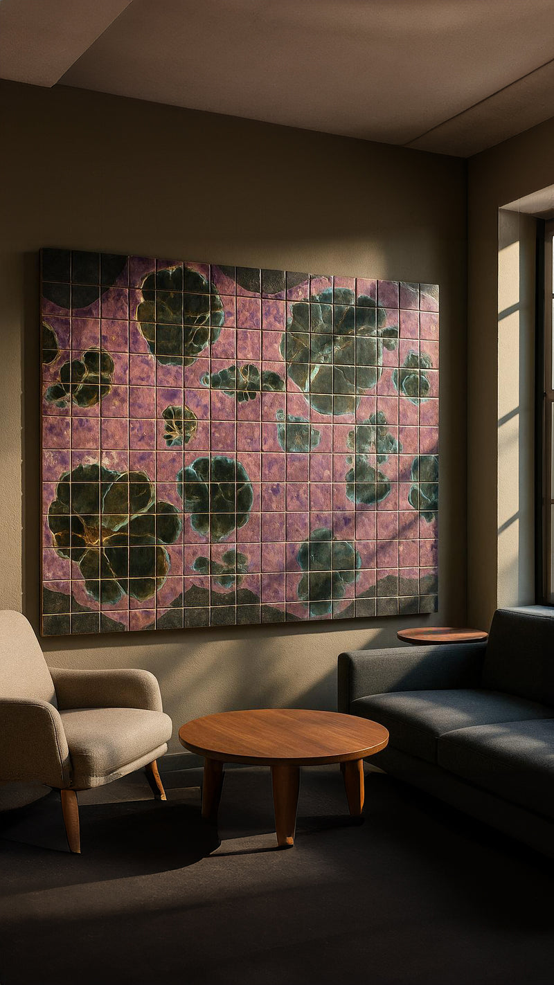Flamboijant Pink and Green Abstract Ceramic Mural 2.38 x 1.88m - IF4278