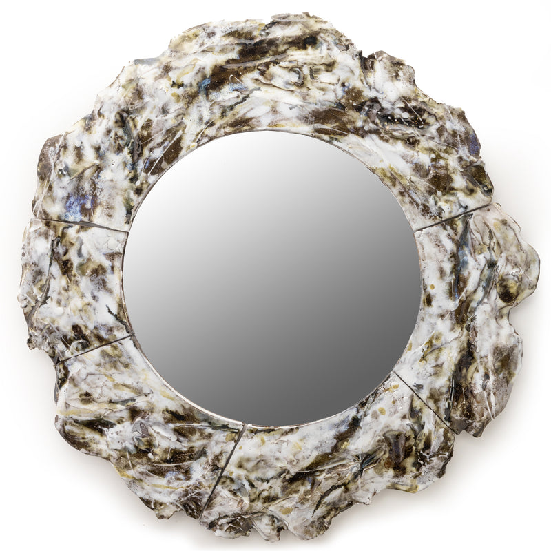 The outer edge gracefully embodies floral inspiration, with outer petals that subtly embrace the mirror’s frame. A delicate interplay of whites, creams, honey, and chocolate enhances the mirror’s expressive glaze - YQAGUH