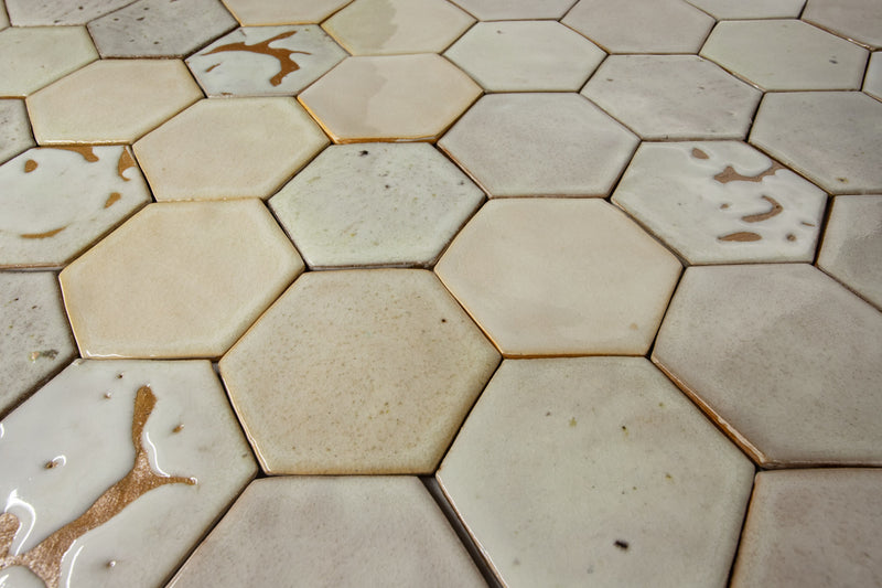 Hexagon Tile Gloss Ivory with Terra Cotta Patches Glaze AAA7HN