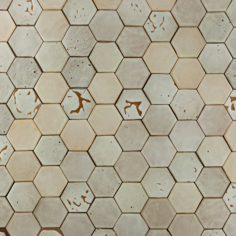 Hexagon Tile Gloss Ivory with Terra Cotta Patches Glaze AAA7HN