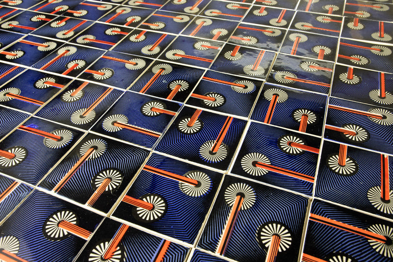 Hand-Printed Cobalt Blue and Red Patterns on Square Tiles AWBNRQ 10A
