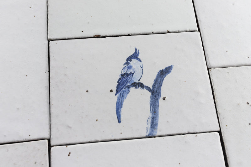 Hand painted birds in blue on white matt tile CN5XY5