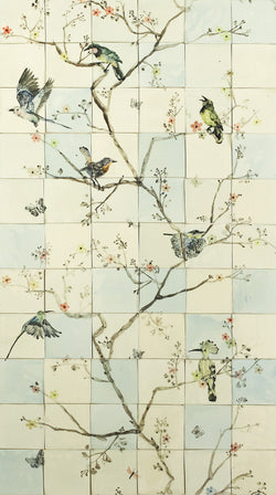 HAND PAINTED BIRDS ON BRANCH TILE MURAL 0.7m x 1.4m (F3UP58 2B)