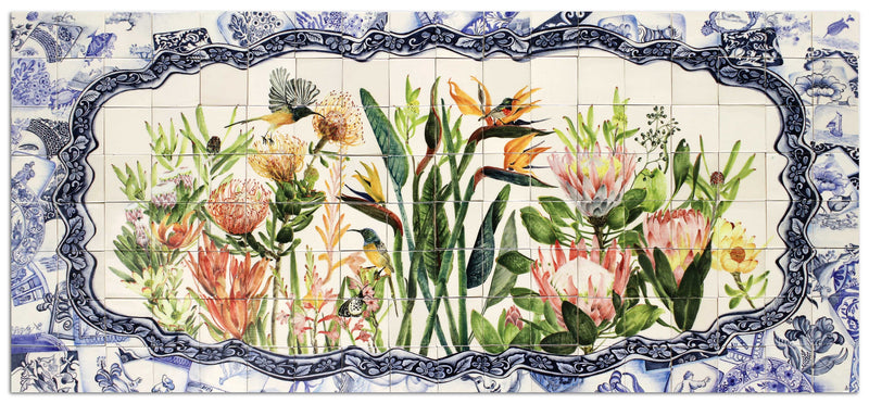 HAND PAINTED FYNBOS AND BLUE DELFT MURAL F6YVTJ