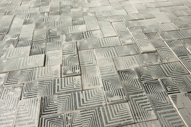 Hand-Printed Rectangular Tile Black Geometric Pattern Matt Glaze FLUCWN 6B