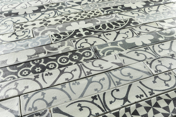 Hand made rectangular tile black and grey printed design on matt JHLEAT 3C
