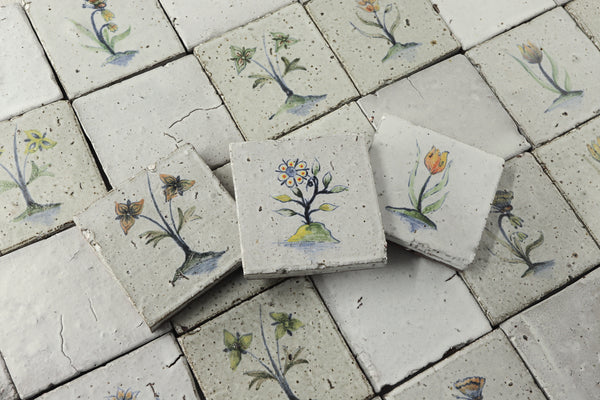 Chunky Square tile Hand Painted flowers on Matt White JZ545G