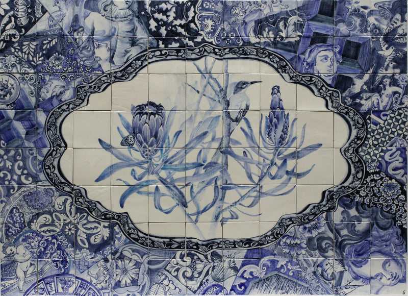 HAND PAINTED BLUE FYNBOS AND DELFT MURAL  1.1m x 0.8m (L2E79V 2C)